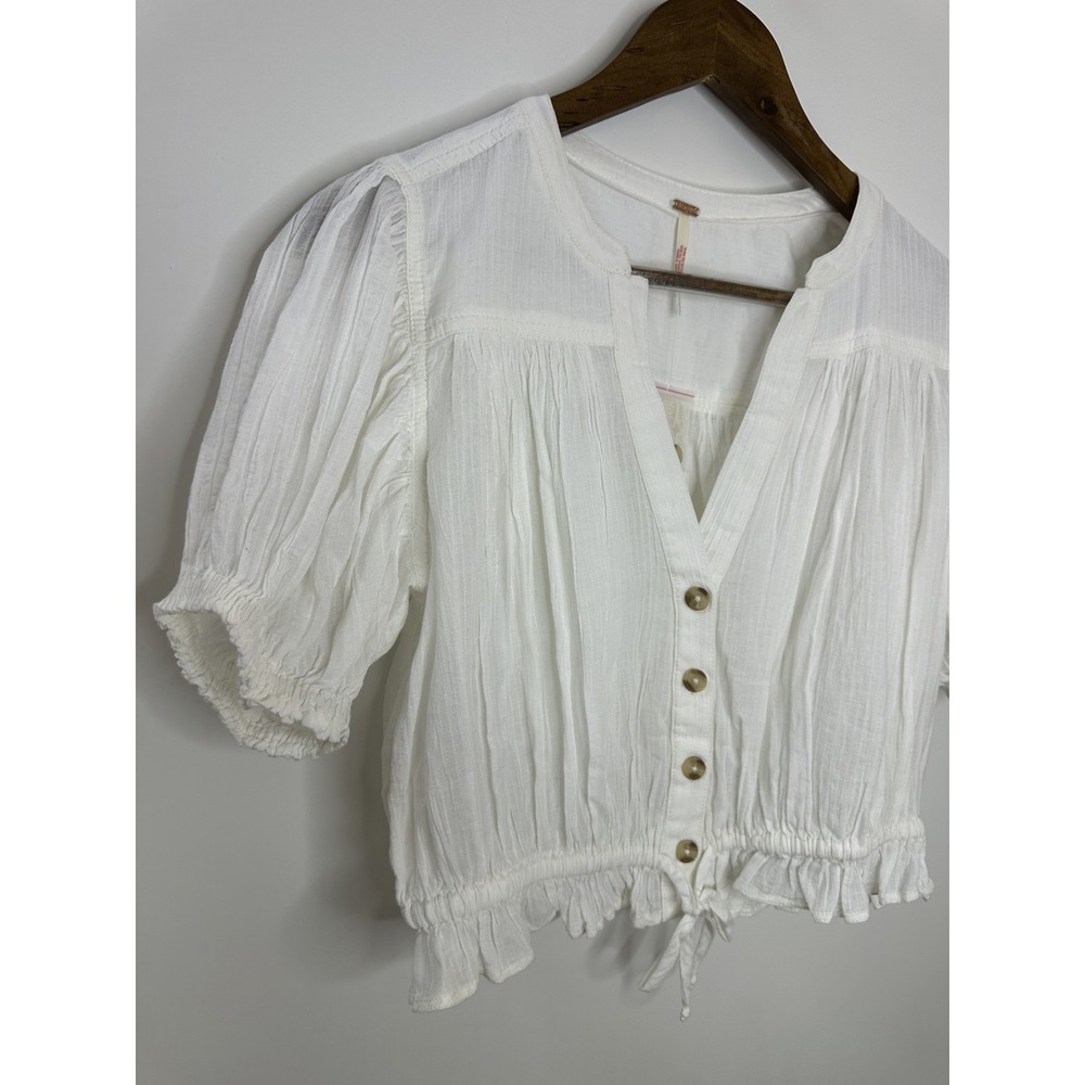 NEW Free People Little Cloud Button-Up Crop Top V-Neck Short Sleeve Sheer XS - Picture 4 of 14